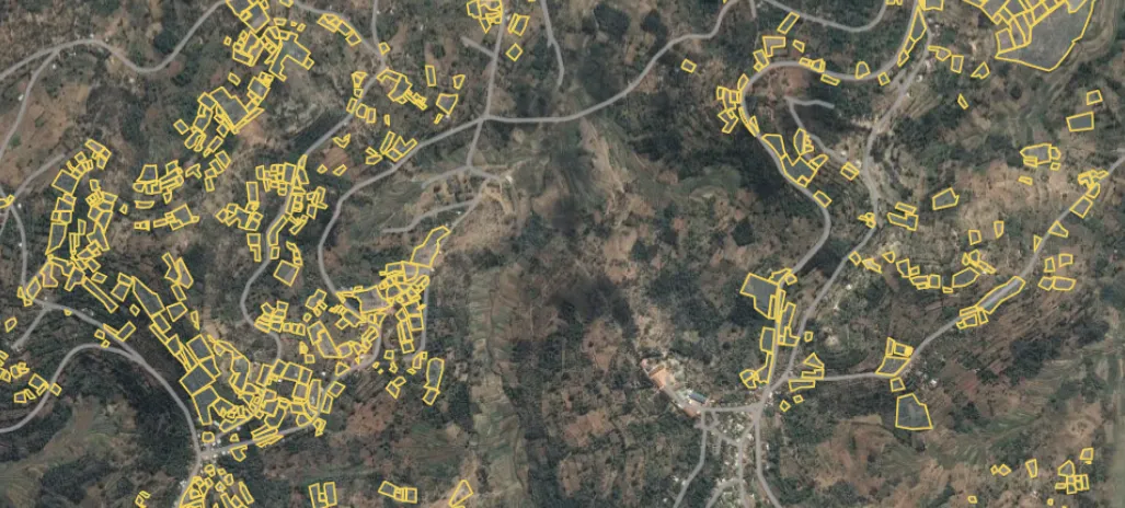 Satellite view of mapped coffee farm plots showing F.O.C.U.S.™ carbon monitoring boundaries across smallholder farms