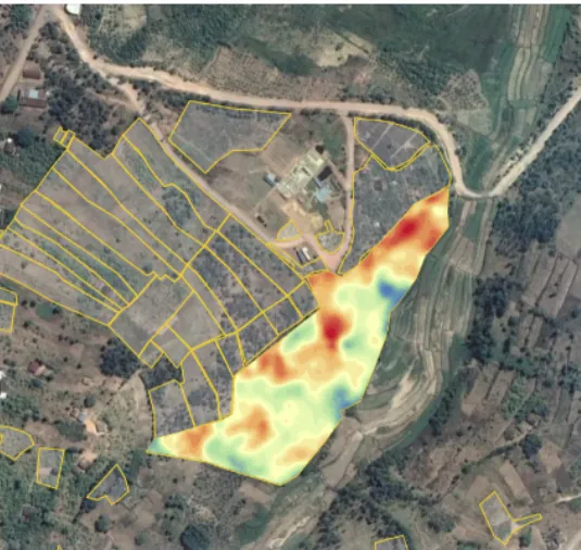 Satellite imagery with farm boundary mapping and NDVI heatmap overlay